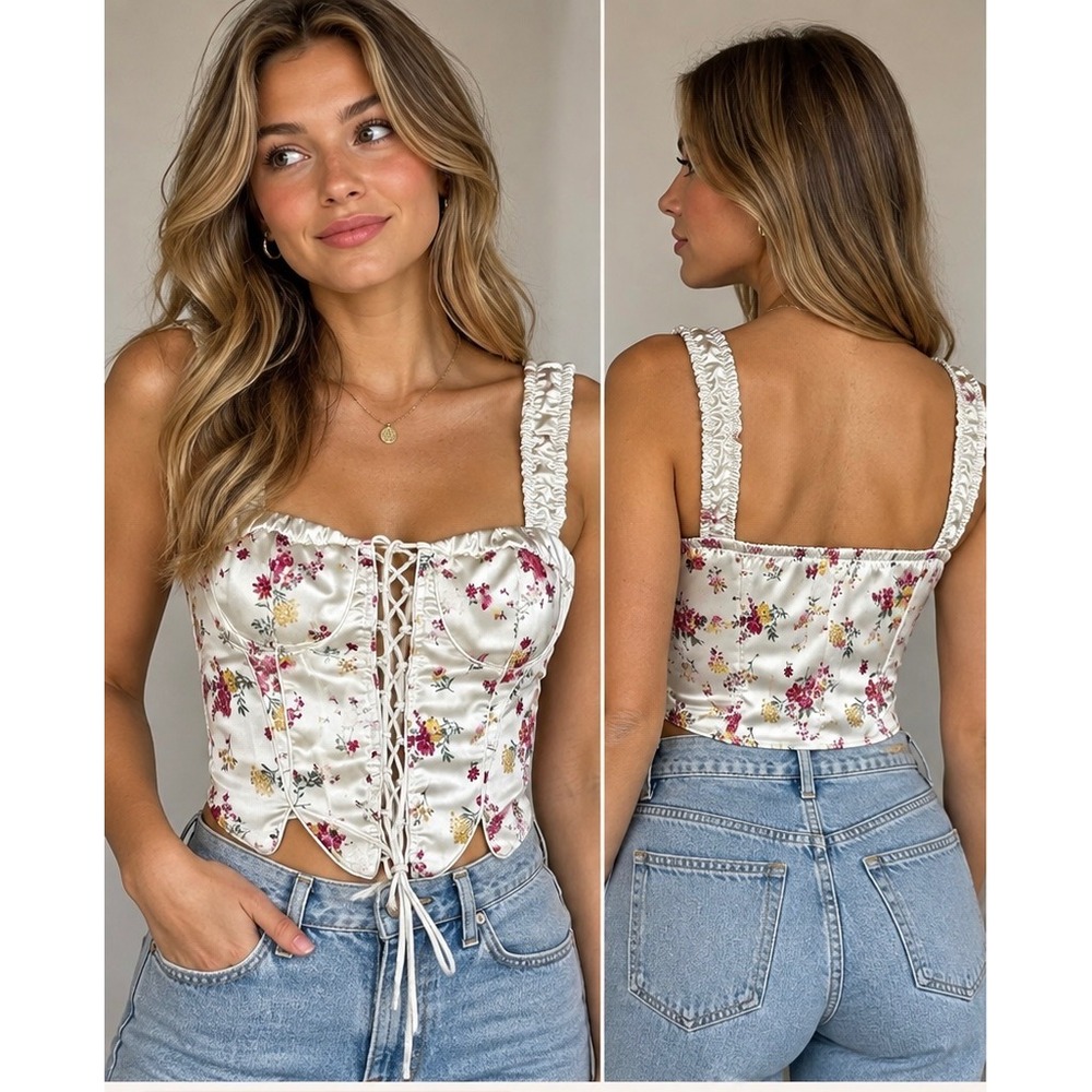 Forever 21 Floral Satin Corset Top White Pink Lace Up Smocked Back Medium